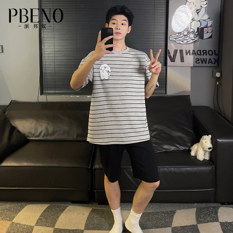 13792346.派邦奴夏季男士简约款圆领条纹设计流行时尚感睡衣套装ck