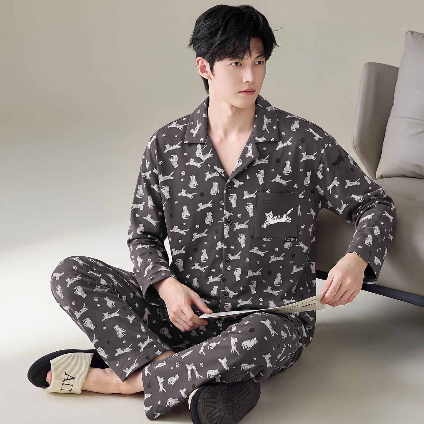 13791281.猫人纯棉男士睡衣春秋季长袖大码可外穿家居服套装男