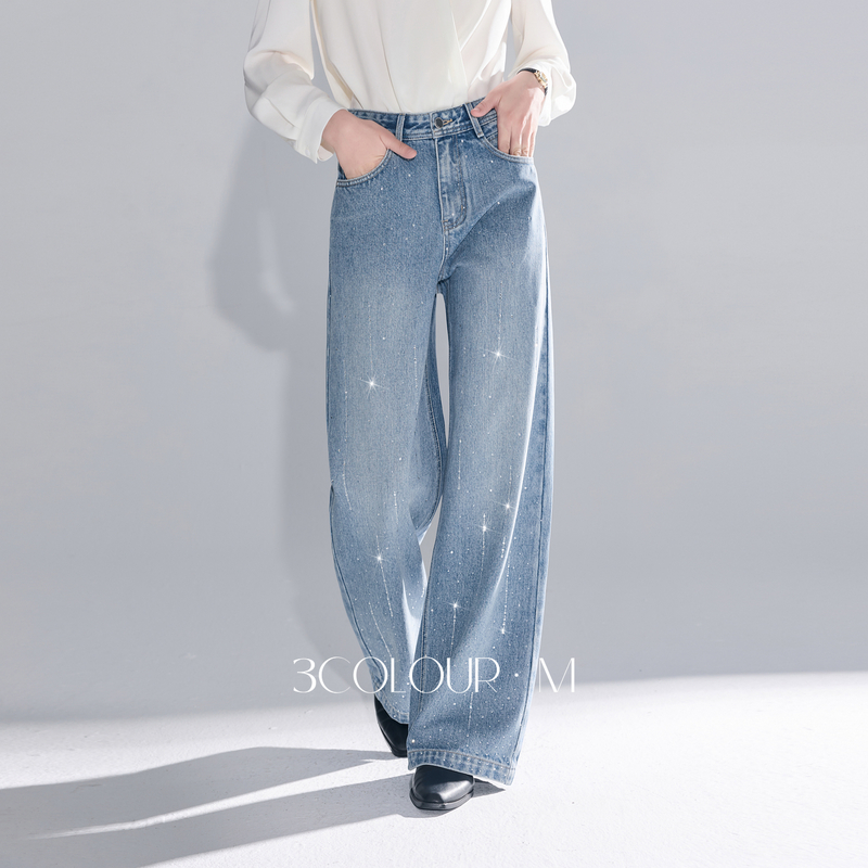 13791994.【莱赛尔】三彩2026秋季新款烫钻牛仔裤宽松中腰阔腿裤长裤M