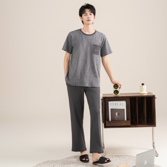 13792142.派邦奴男款秋冬季灰色简约纯色纯棉圆领套头款睡衣qh