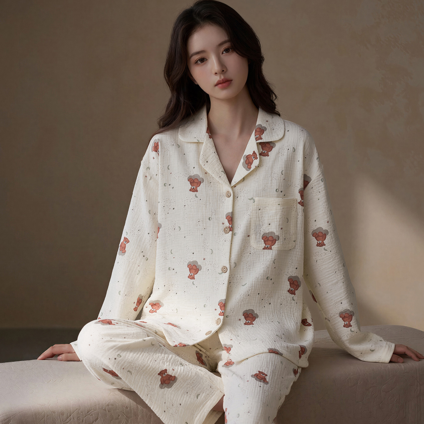 13794041.猫人双层棉纱睡衣女春秋季纯棉长袖开衫家居服套装可外穿