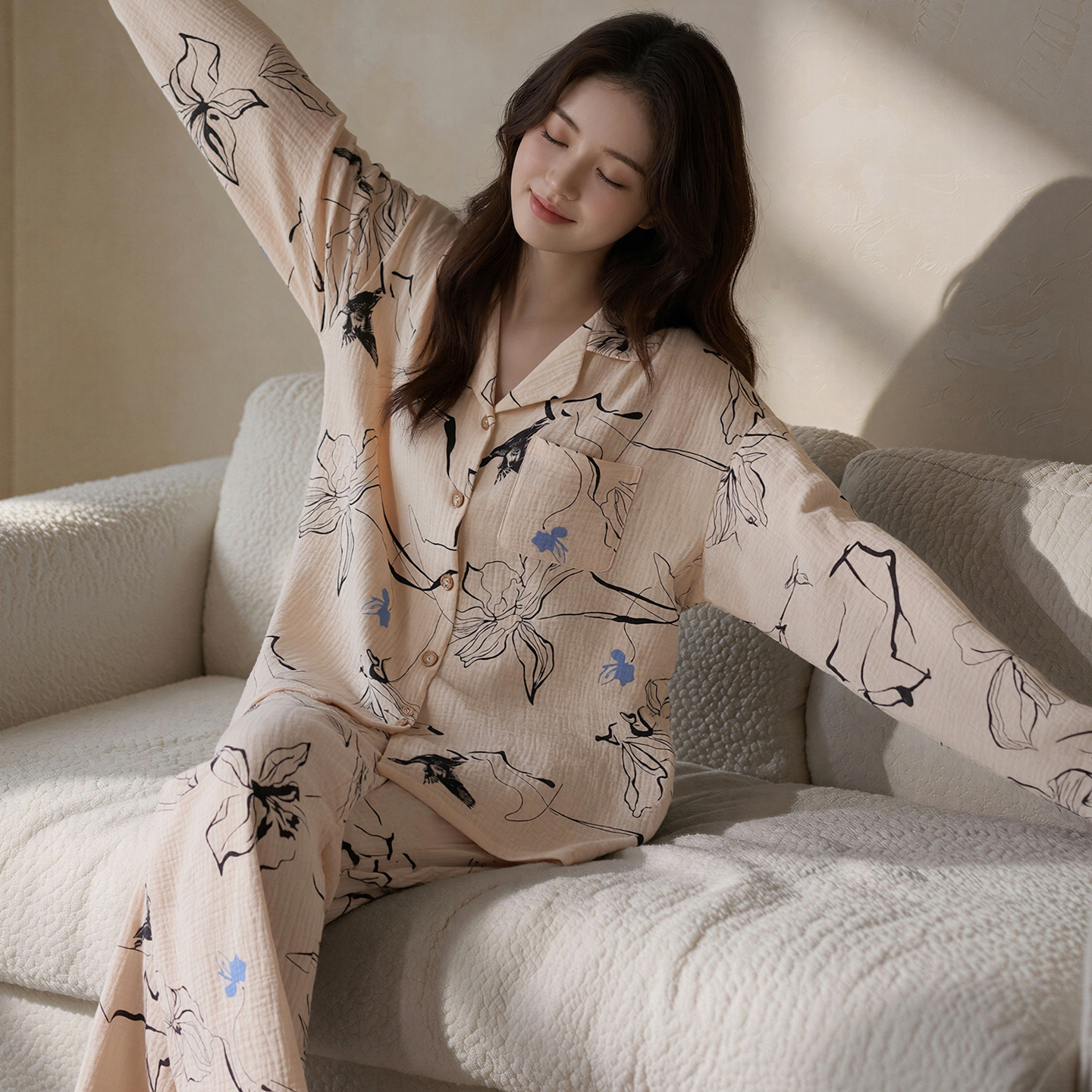 13794048.猫人纯棉睡衣女春秋季双层棉纱长袖全棉家居服套装可外穿夏天