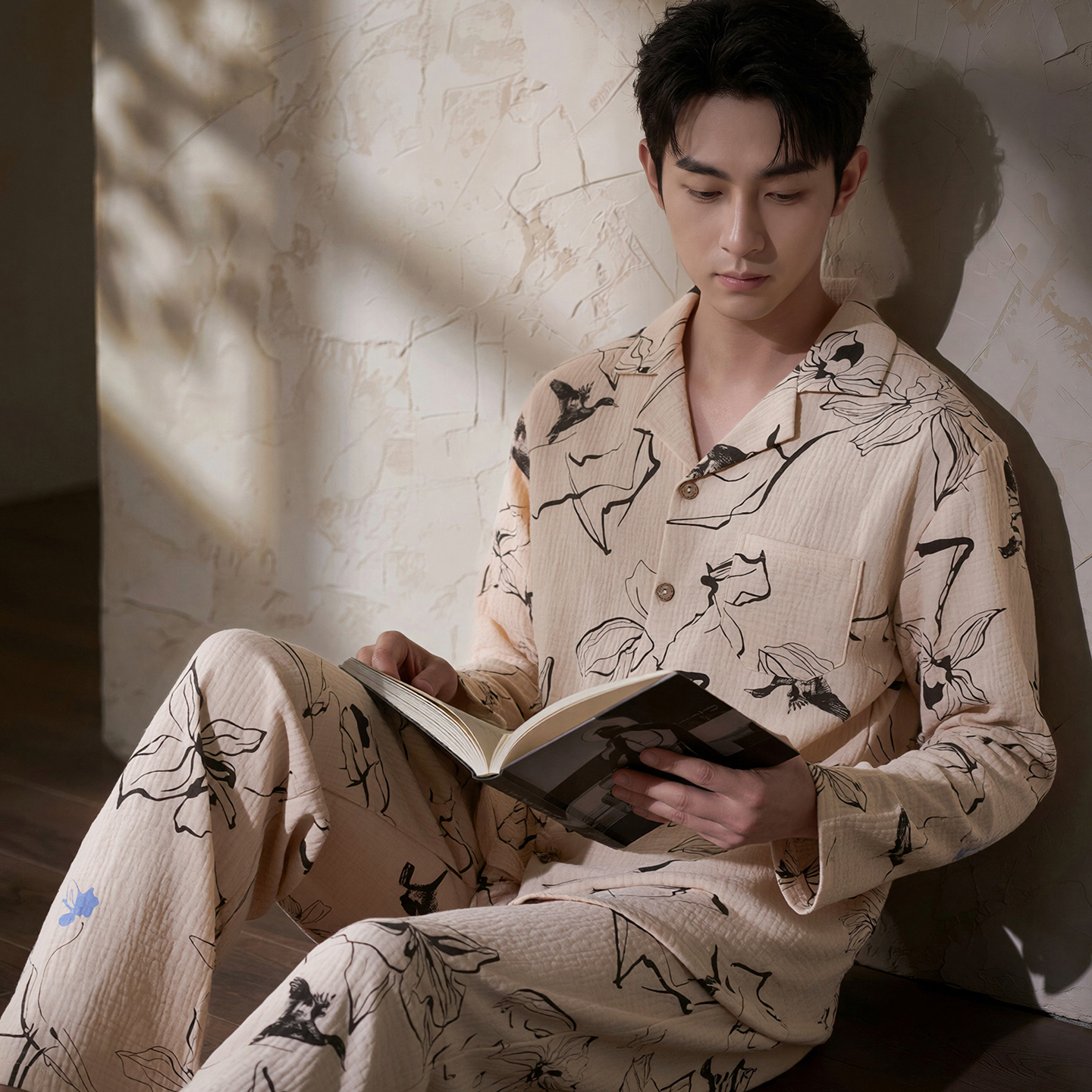 13794045.猫人纯棉睡衣男士款夏季长袖棉纱布可外穿家居服套装纯色