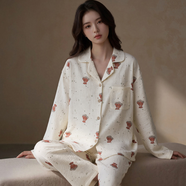 13794041.猫人双层棉纱睡衣女春秋季纯棉长袖开衫家居服套装可外穿