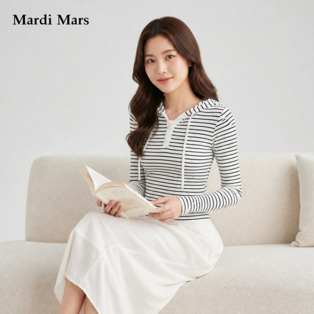 13798336.Mardi.Mars潮牌女士连帽条纹长袖卫衣V领抽绳设计感上衣显瘦百搭