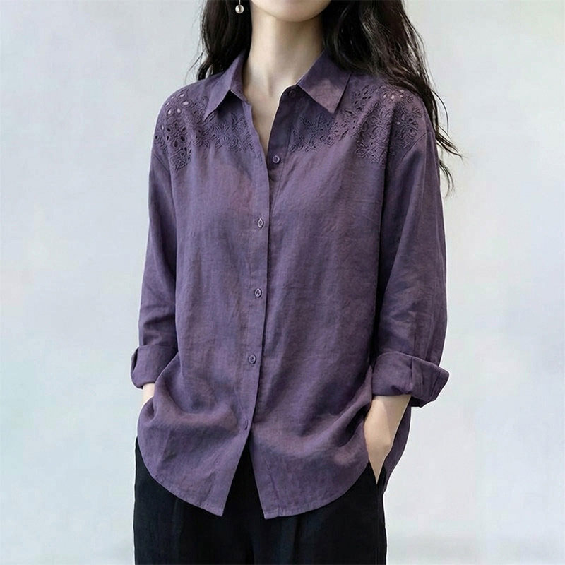 13797937.丹芙娅紫色翻领衬衫女2026年早秋新款长袖宽松休闲显瘦高级感减龄上衣