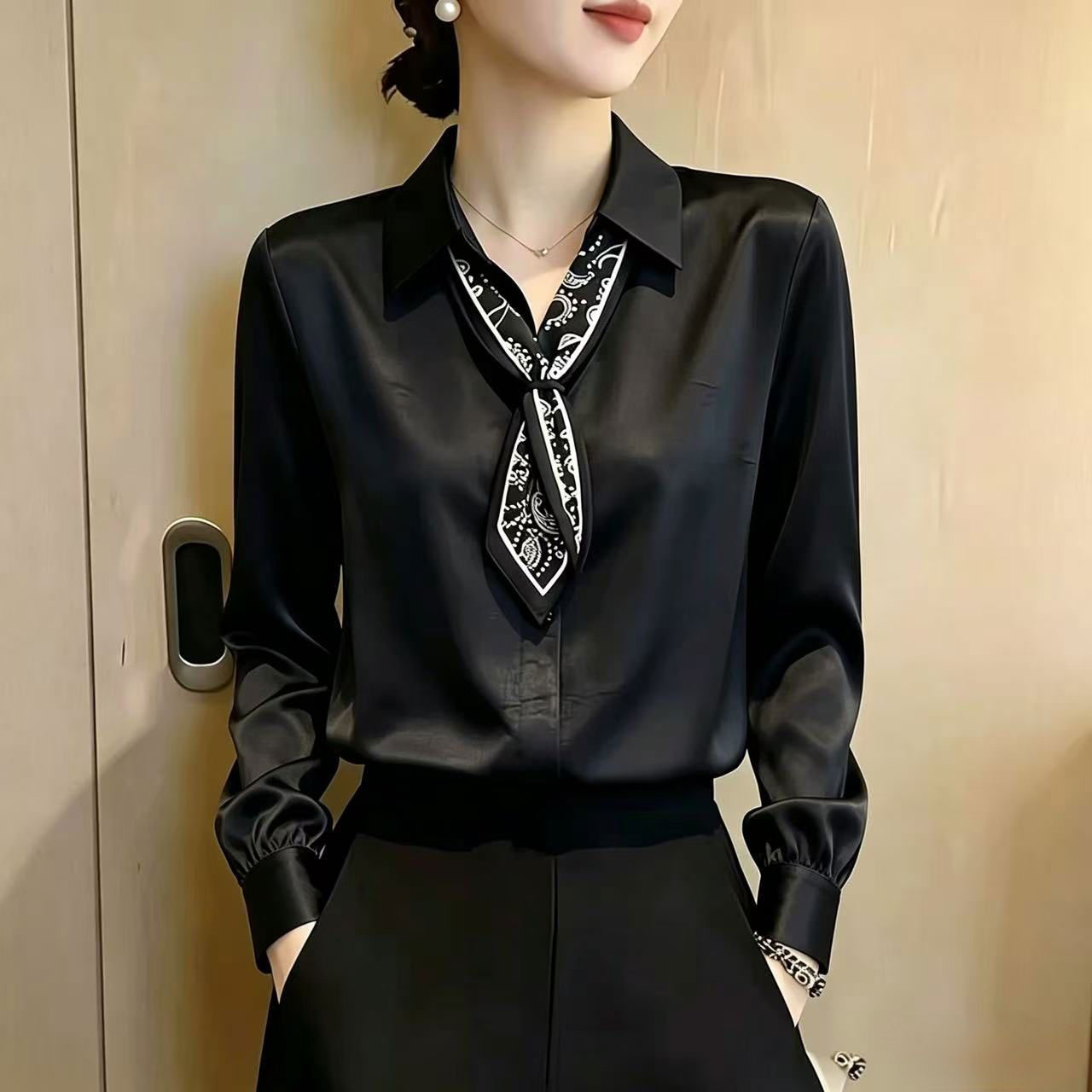 13797938.丹芙娅黑色缎面丝巾翻领长袖衬衫女士2026秋季新款洋派时尚减龄通勤上衣