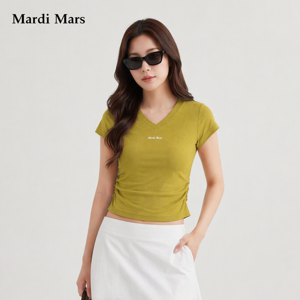 13798325.Mardi.Mars潮牌女士V领修身短袖T恤收腰剪裁+精美印花百搭短袖