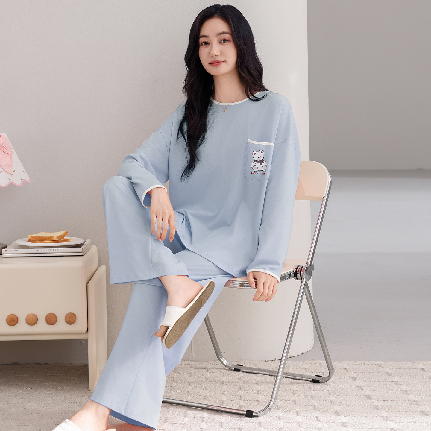 13798458.猫人女款纯棉圆领睡衣套头长袖长裤家居服套装春秋季可外穿