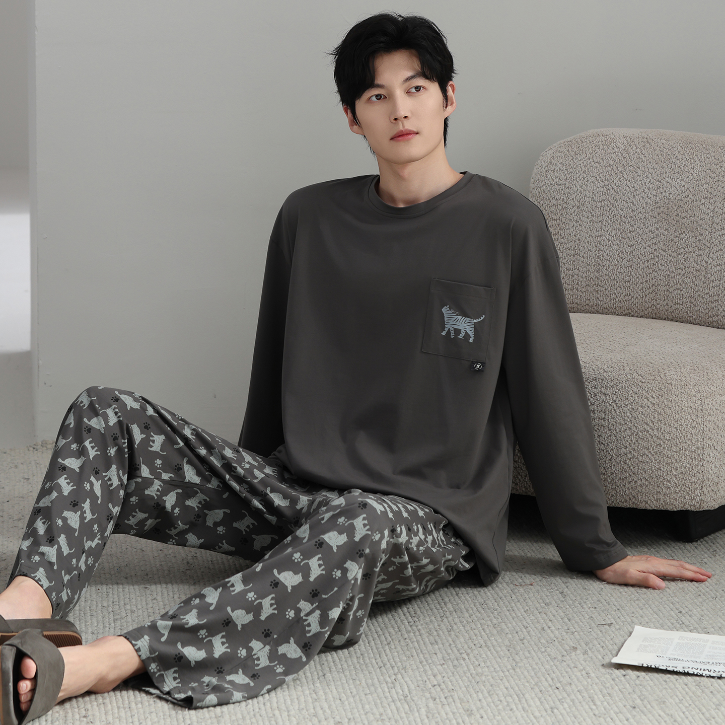 13798473.猫人睡衣男款纯棉春秋长袖青少年家居服套装夏薄款可外穿