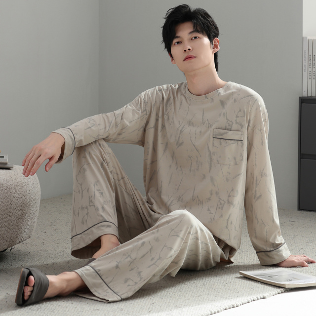 13798471.猫人男士睡衣男款秋冬季款纯棉圆领长袖长裤男生家居服套装
