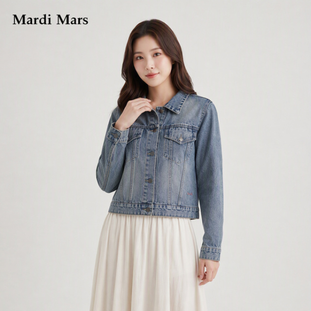 13798324.Mardi.Mars潮牌女士复古水洗蓝牛仔夹克经典翻领简约短款显瘦外套