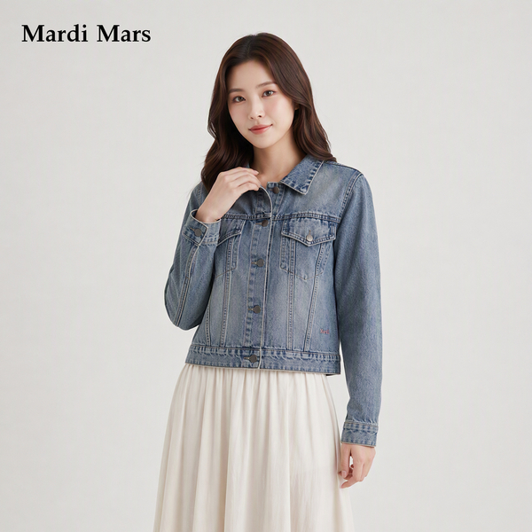 13798324.Mardi.Mars潮牌女士复古水洗蓝牛仔夹克经典翻领简约短款显瘦外套