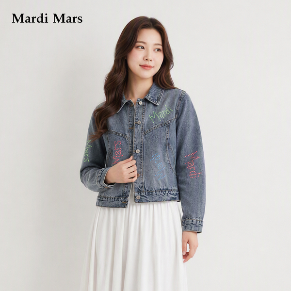 13798322.Mardi.Mars潮牌女美式复古水洗蓝牛仔夹克辣妹风彩色字母印花上衣
