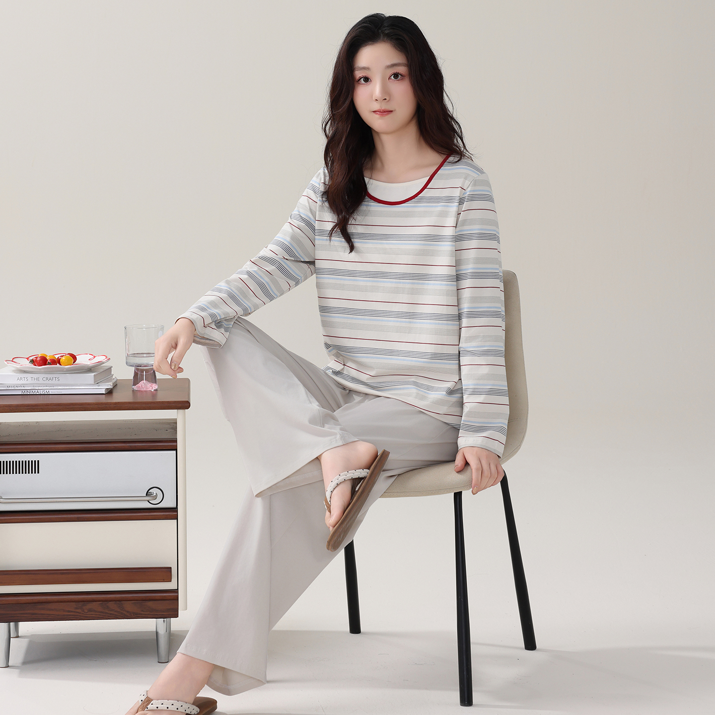 13798449.猫人纯棉睡衣女秋冬季长袖圆领可爱卡通家居服套装