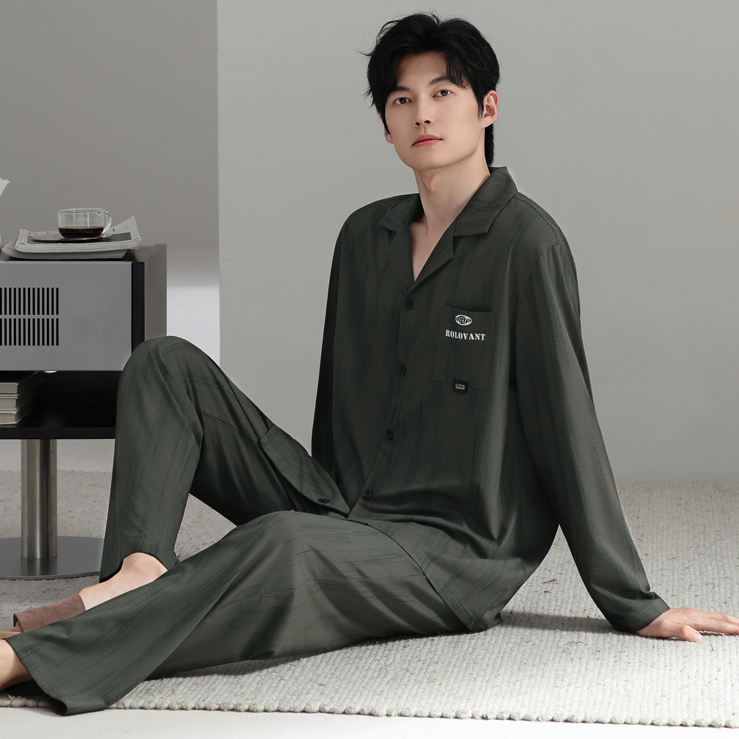 13798470.猫人100%纯棉睡衣男长袖长裤可外穿翻领男士家居服套装秋