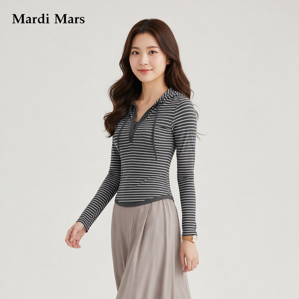 13798336.Mardi.Mars潮牌女士连帽条纹长袖卫衣V领抽绳设计感上衣显瘦百搭