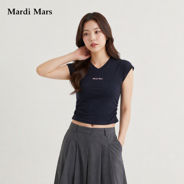 13798325.Mardi.Mars潮牌女士V领修身短袖T恤收腰剪裁+精美印花百搭短袖