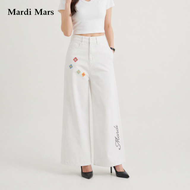 13798342.Mardi.Mars潮牌女士高腰直筒牛仔裤春秋显瘦彩色花朵字母休闲长裤