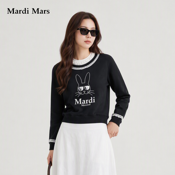 13798339.Mardi.Mars潮牌女士兔子印花圆领卫衣宽松落肩蕾丝拼接百搭上衣