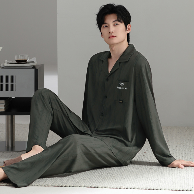 13798470.猫人100%纯棉睡衣男长袖长裤可外穿翻领男士家居服套装秋