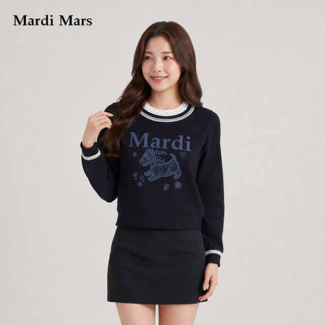 13798337.Mardi.Mars潮牌女士蕾丝拼接圆领卫衣宽松落肩小狗印花百搭上衣