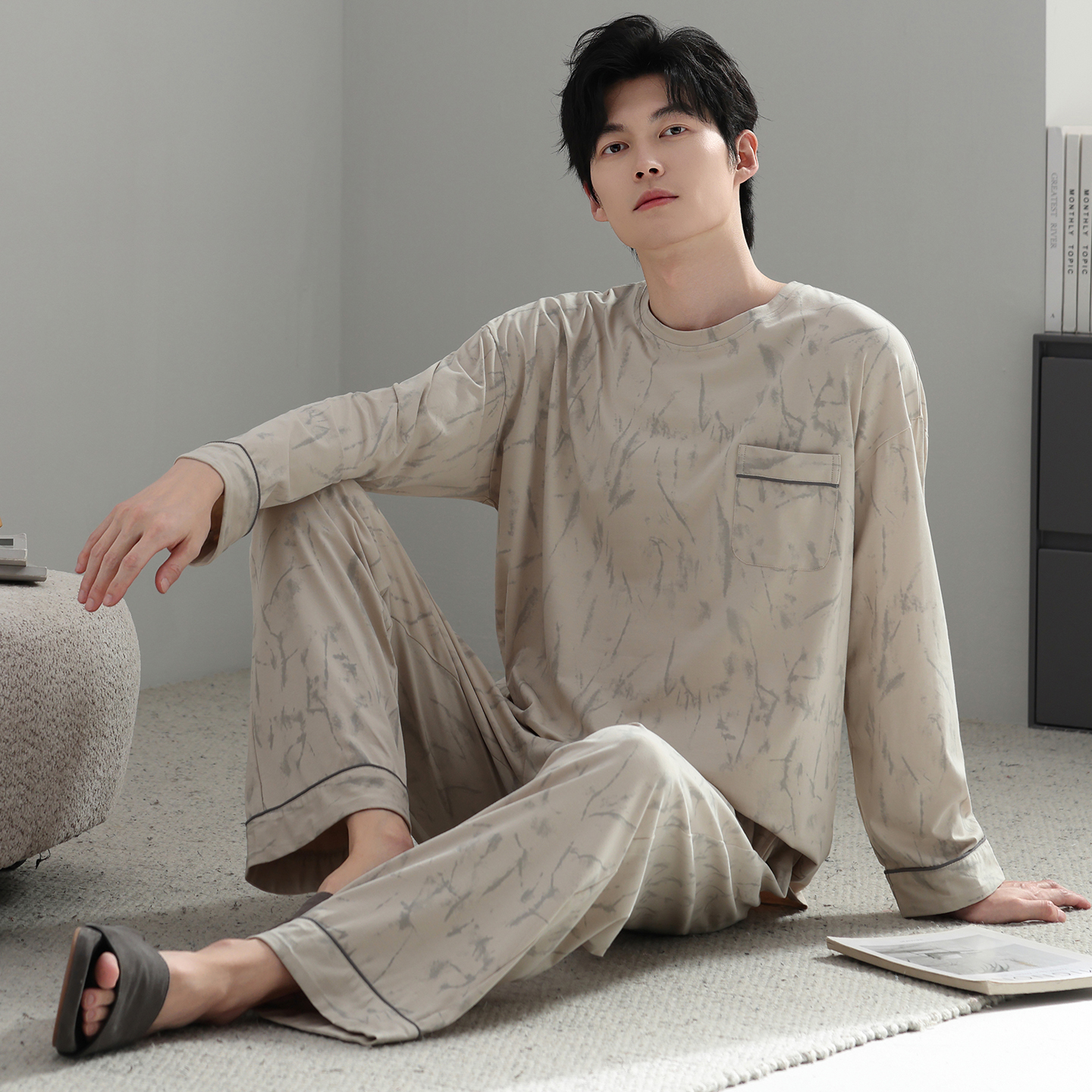 13798471.猫人男士睡衣男款秋冬季款纯棉圆领长袖长裤男生家居服套装