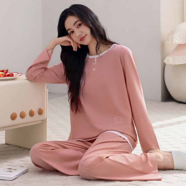 13798454.猫人纯棉睡衣女款春秋季长袖圆领套头家居服套装舒适高级感可外穿
