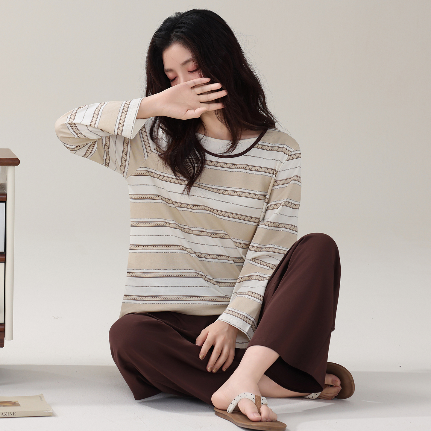 13798448.猫人睡衣女春秋款纯棉长袖长裤秋季大码家居服套装可外穿