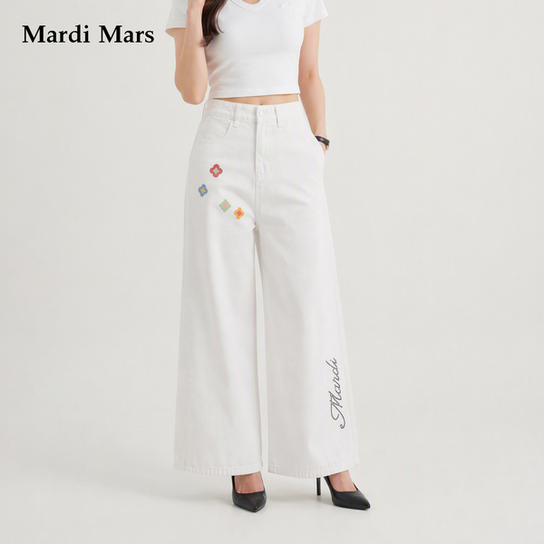 13798342.Mardi.Mars潮牌女士高腰直筒牛仔裤春秋显瘦彩色花朵字母休闲长裤