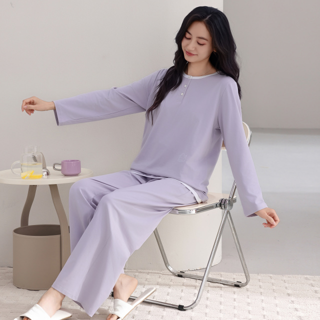 13798455.猫人纯棉睡衣女款长袖长裤春秋季加大码简约纯色高级感家居服套装