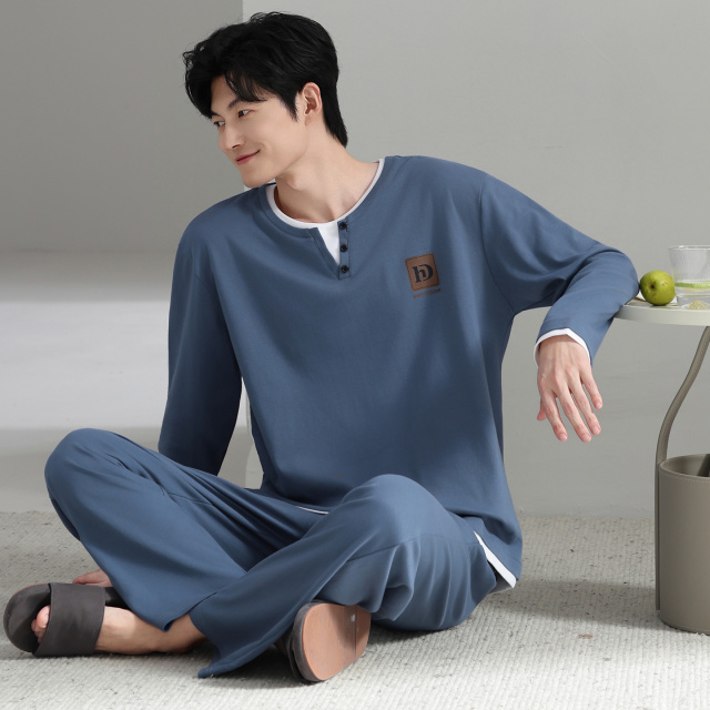 13798478.猫人睡衣男春秋季纯棉长袖圆领大码男士家居服套装可外穿