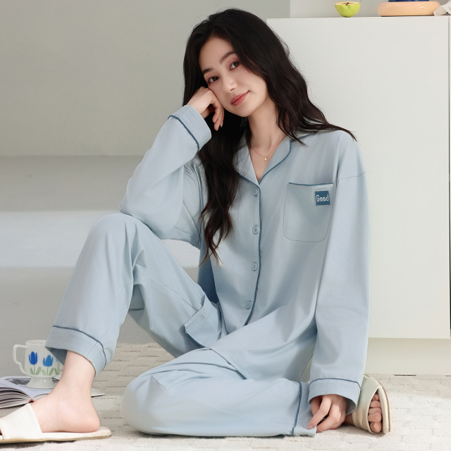13798492.猫人高级感100%纯棉睡衣女长袖长裤翻领家居服四季通用可外穿套装
