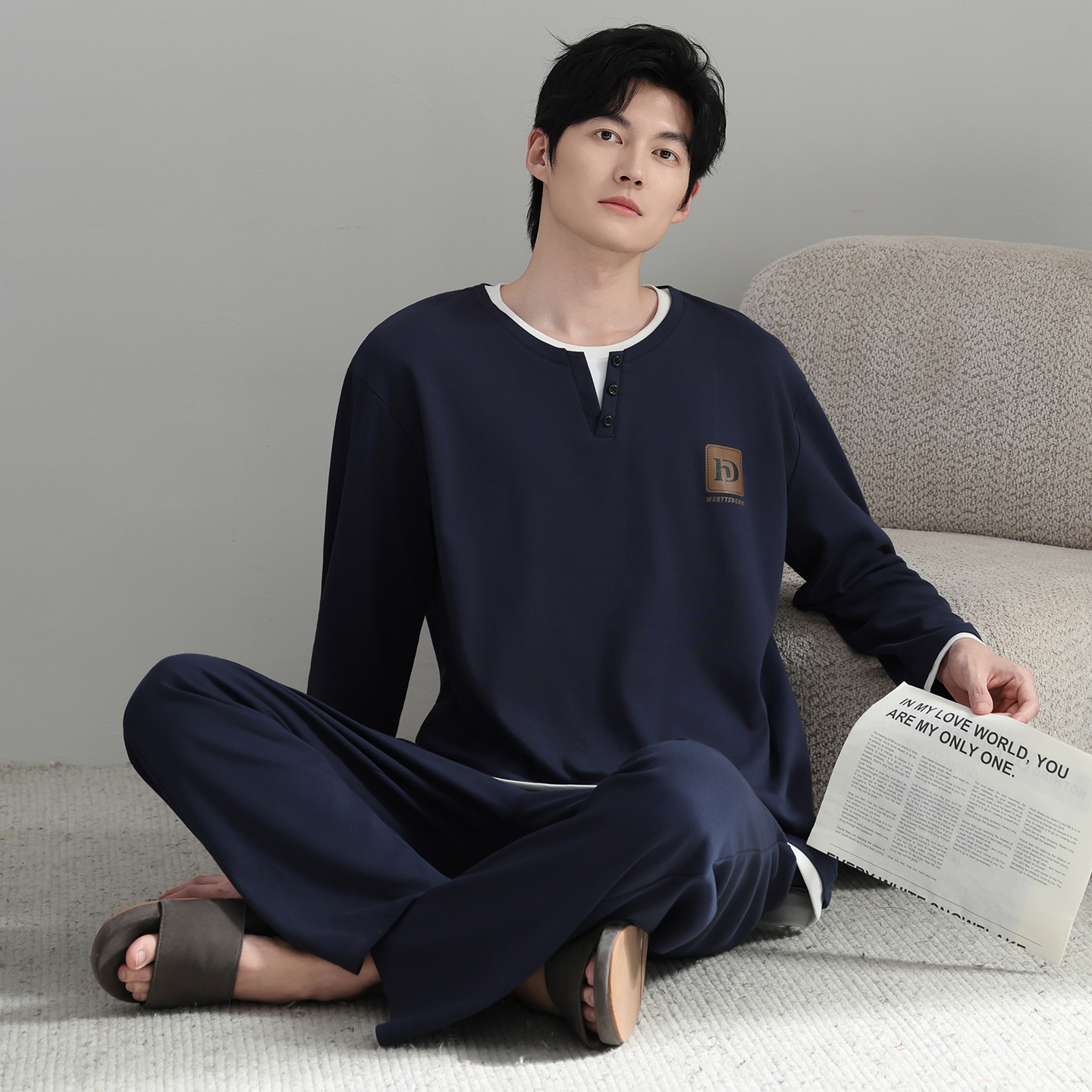 13798476.猫人男士睡衣春秋季款纯棉圆领长袖长裤简约休闲家居服套装