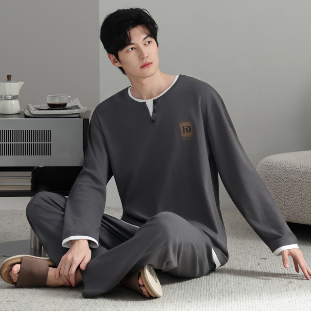 13798477.猫人纯棉睡衣男春秋款长袖圆领大码休闲可外穿家居服套装
