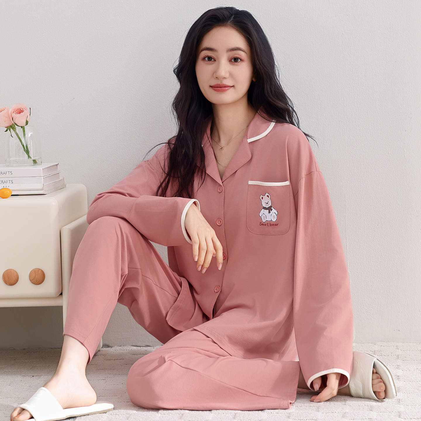 13798485.猫人睡衣女士春秋款秋季纯棉长袖家居服纯色休闲高级感可外穿