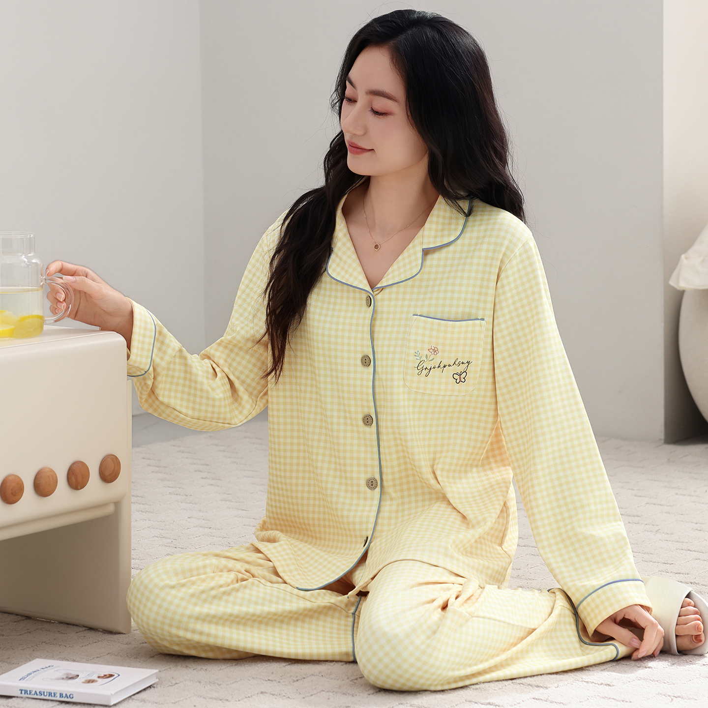 13798481.猫人纯棉长袖睡衣女士春秋季秋冬开衫甜美外穿家居服套装