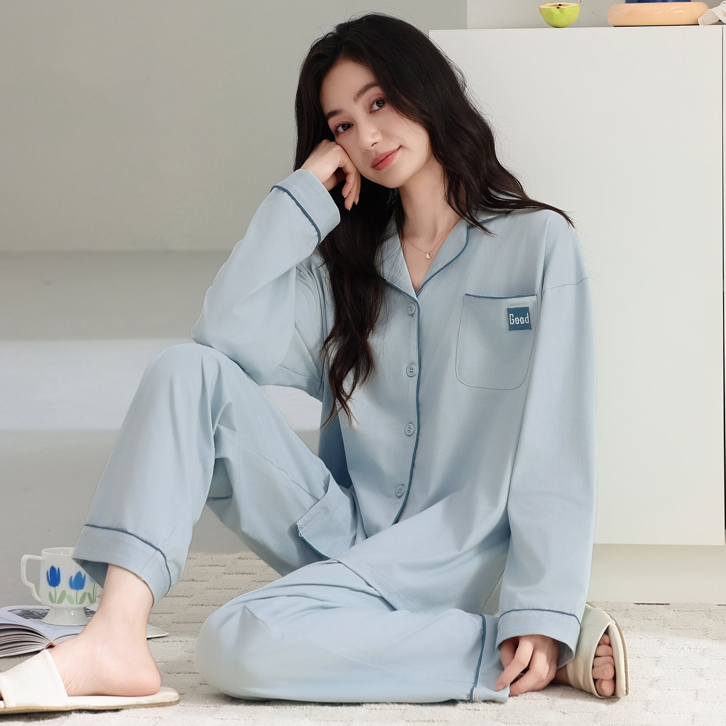 13798492.猫人高级感100%纯棉睡衣女长袖长裤翻领家居服四季通用可外穿套装