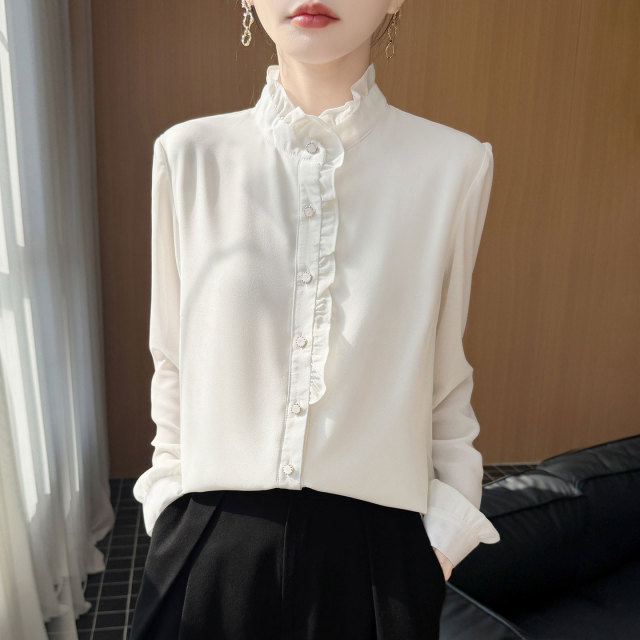 13800704.丹芙娅新款法式立领木耳边宽松衬衫女设计感小众打底衫气质显瘦衬衣