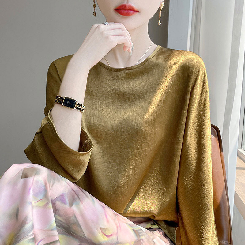 13800876.丹芙娅缎面七分袖上衣女圆领鎏金提花短袖T恤宽松醋酸半袖打底