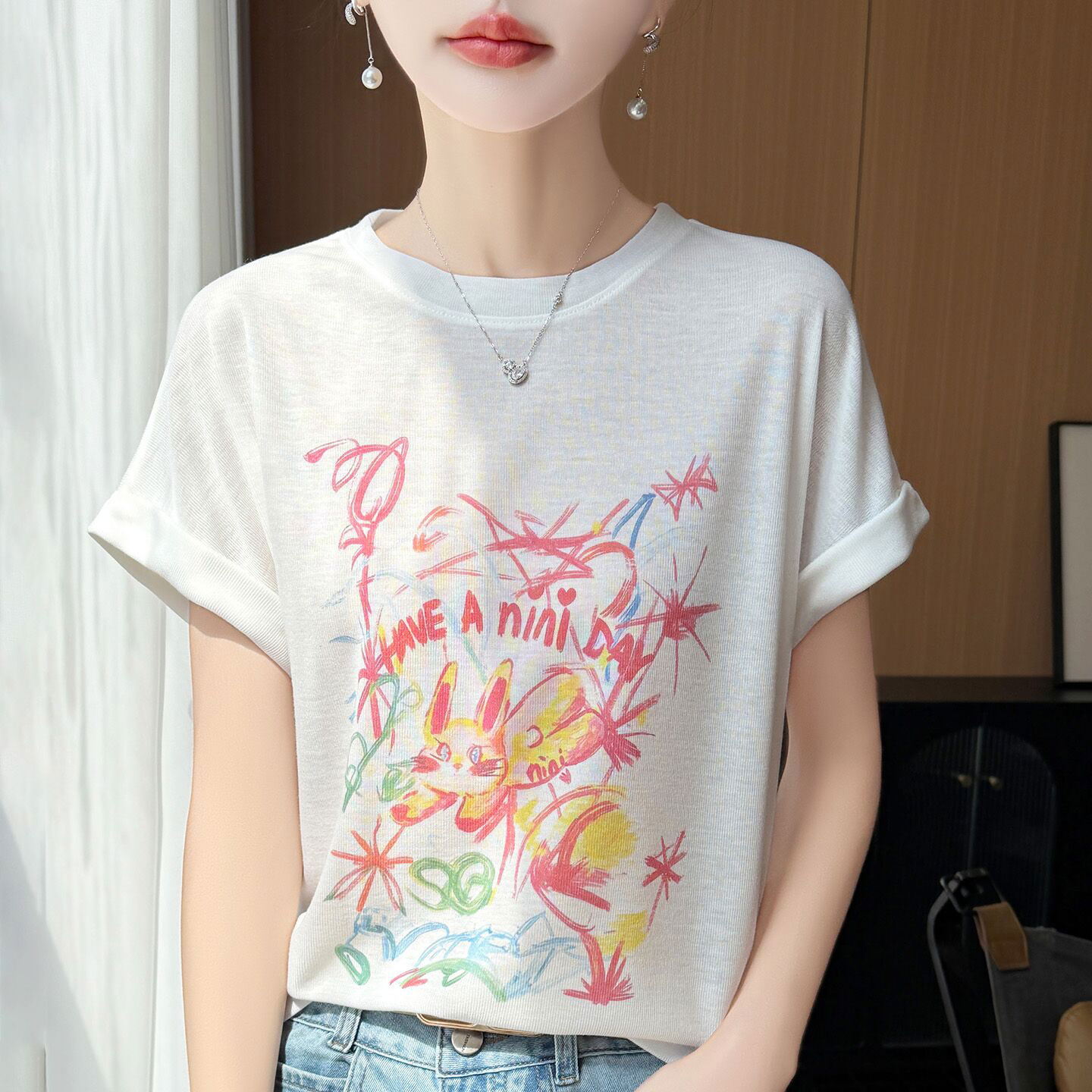13800880.丹芙娅国风卡通印花短袖t恤女薄款圆领宽松休闲