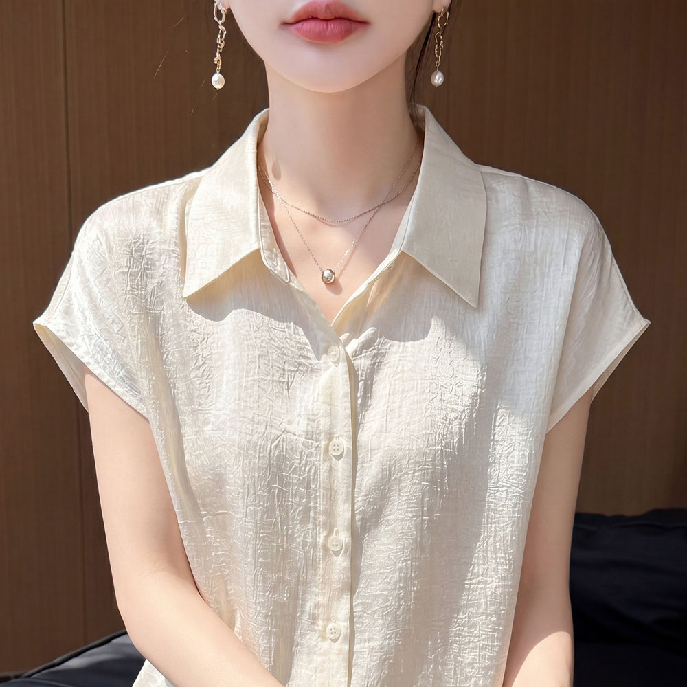 13800883.丹芙娅法式轻奢褶皱肌理感短袖衬衫女气质显瘦翻领垂感轻薄百搭上衣