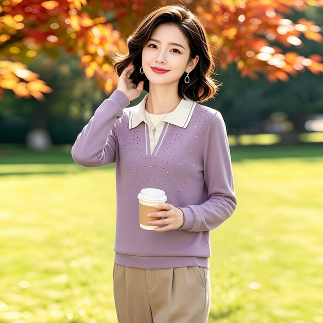 13800287.妈妈装高级感翻领烫钻时尚上衣Q8HJY2637