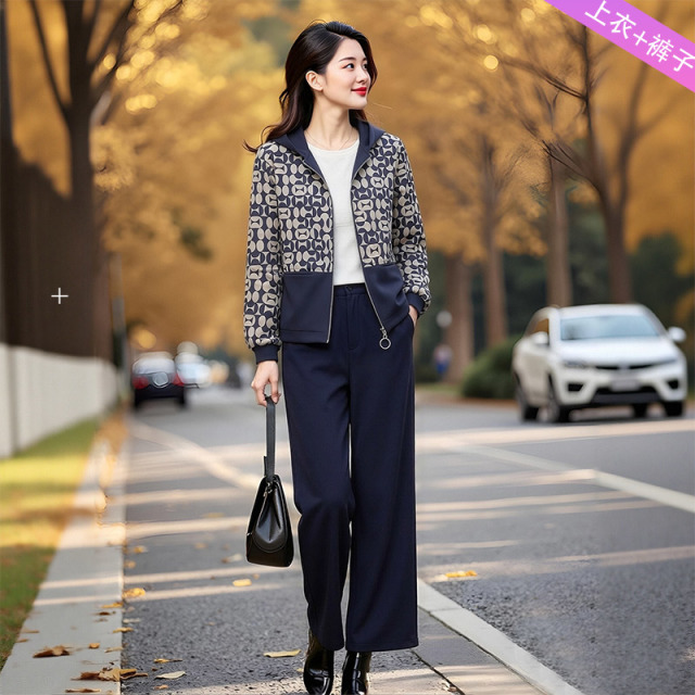 13802229.妈妈装休闲连帽拼色拉链上衣+裤子时尚两件套装J8HCY996