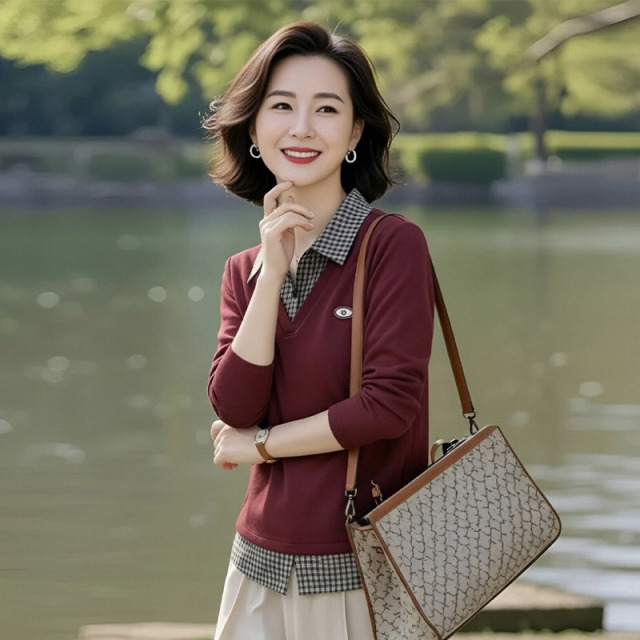 13802174.妈妈装设计感翻领拼接撞色T恤上衣J8HYM691