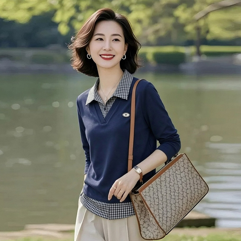 13802174.妈妈装设计感翻领拼接撞色T恤上衣J8HYM691