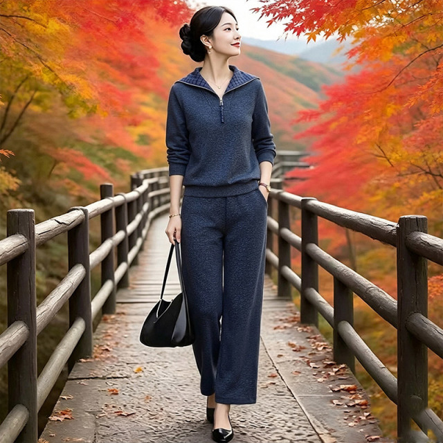 13802228.妈妈装翻领拼接上衣+裤子休闲运动两件套装J8HCY995