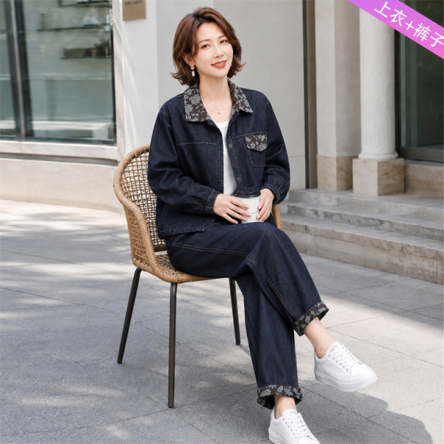 13802264.妈妈装翻领时尚外套+裤子牛仔两件套装J8HX967