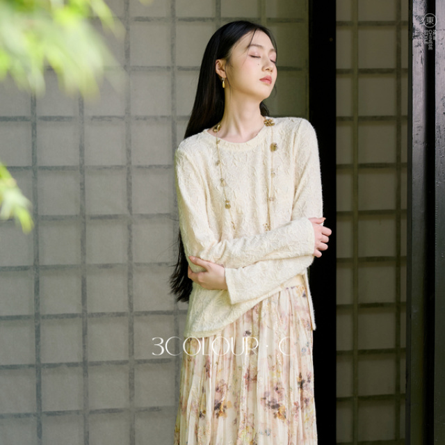 13776338.【暮山听雨】三彩2026秋季新款羽毛纱蕾丝T恤新中式长袖上衣C
