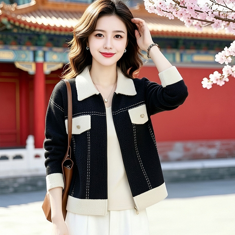 13802172.妈妈装休闲连帽时拼色针织洋气外套J8HTY6666
